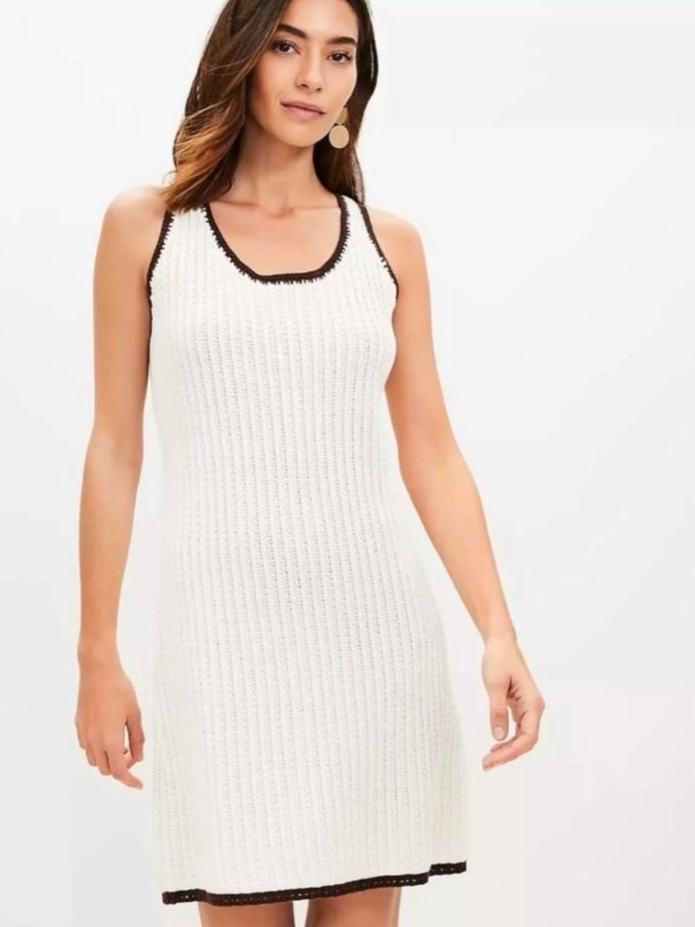LOFT Cream Knit Tank Dress with Brown Trim